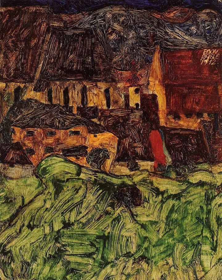 Egon Schiele Meadow Church and Houses Painting | Best Paintings For Sale