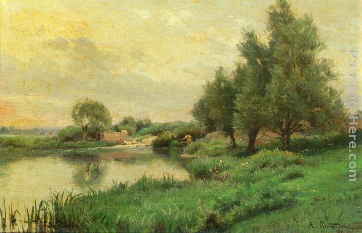 Alfred Renaudin Pecheur Au Bord De La Riviere Painting 