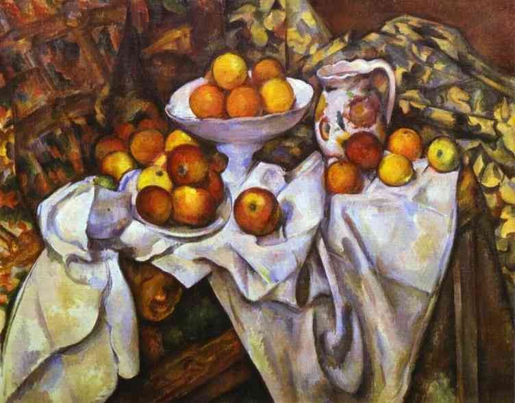 Still Life With Fruit Curtain And Flowered Pitcher by Paul Cezanne