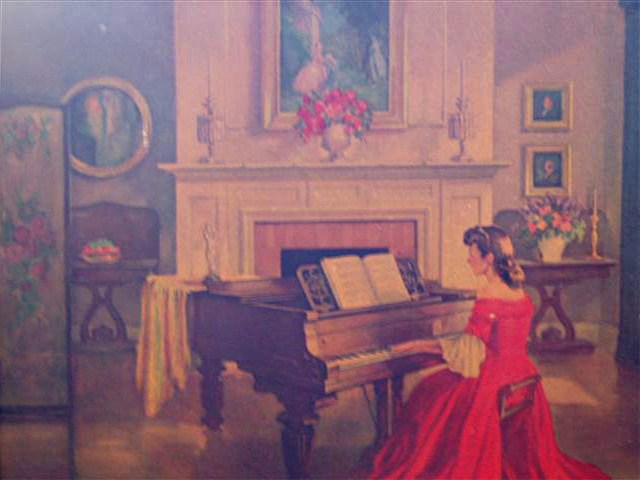 chinese dress ladies Women in Red Piano Lady - 2220 X 1220 - Painting