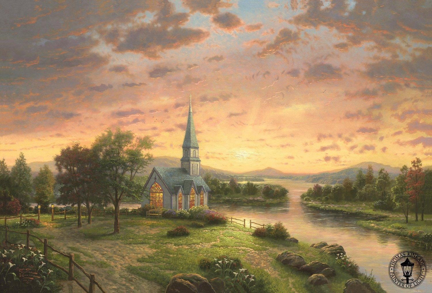 Thomas Kinkade Sunrise Chapel Painting 